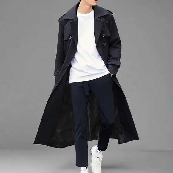 💫 Men Black Long Trench Coat Oversized Casual windbreaker Double Breasted Coat - Picture 7 of 7